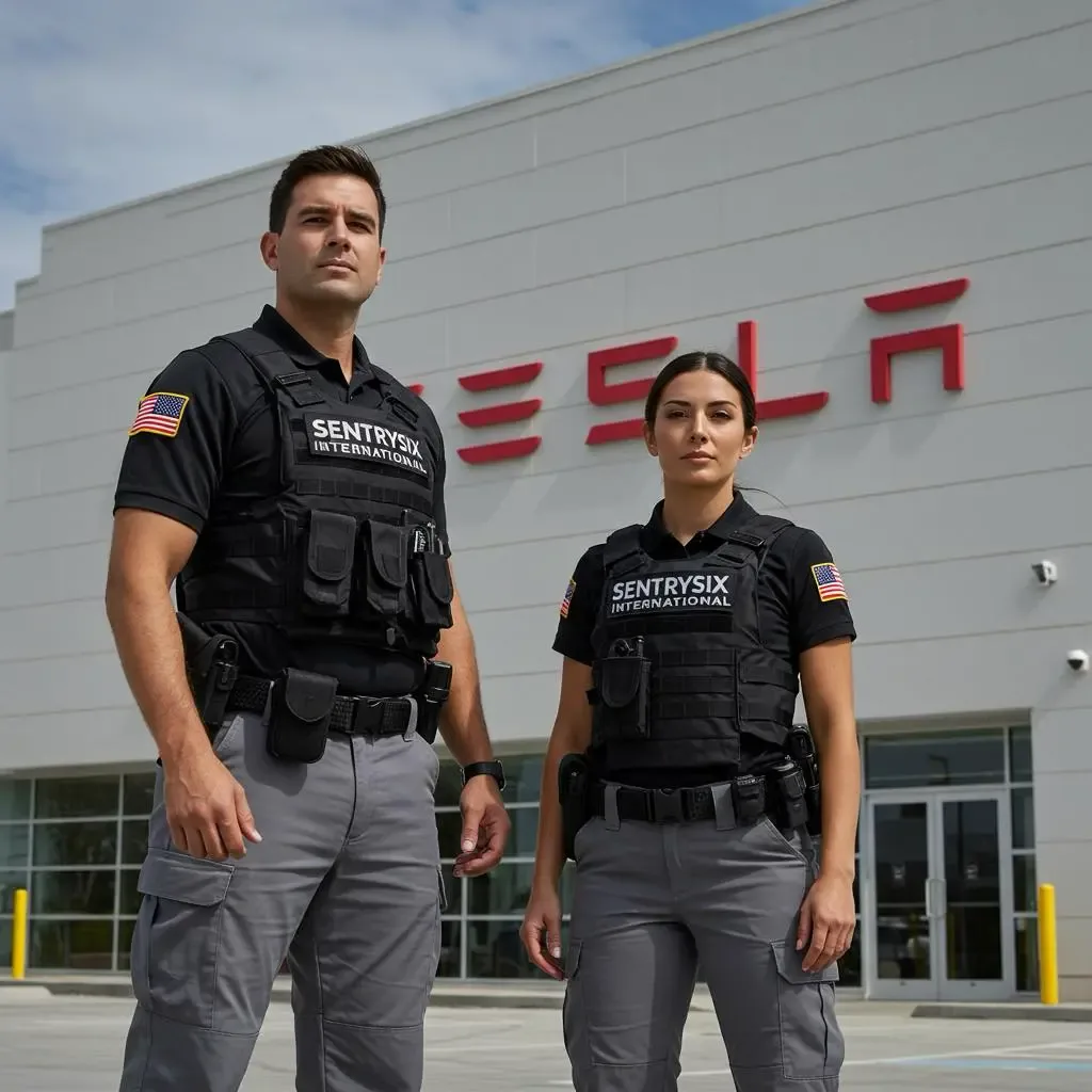 Two SENTRYSIX tactical security guards protecting Tesla building and technology campus