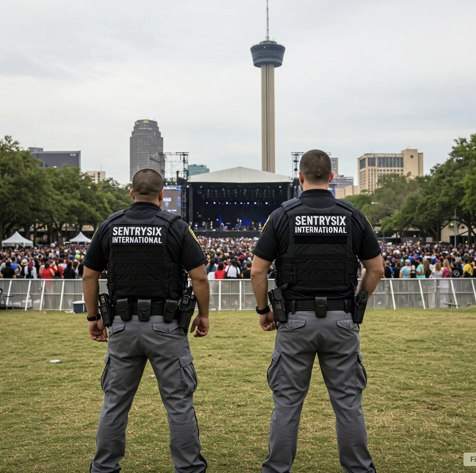 Two security guards stand on a grassy field, facing a crowd and stage with a city skyline and tower in the background.