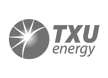 TXU energy logo, gray circle with white lines and text next to it.