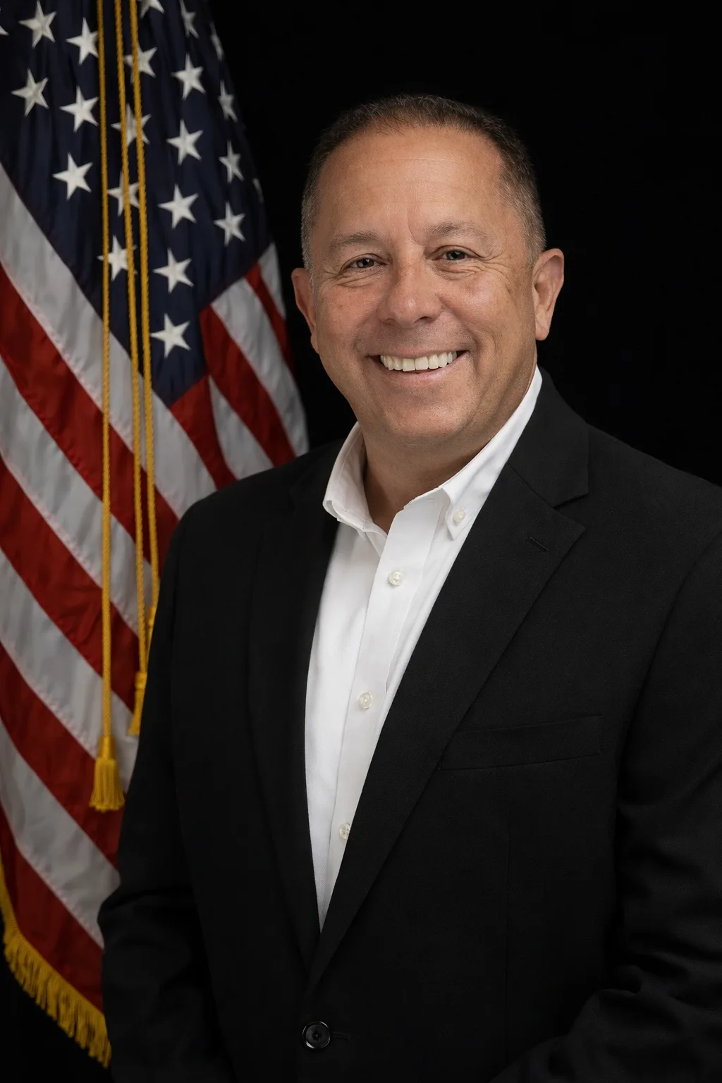 Man in a black suit and white shirt standing in front of an American flag.