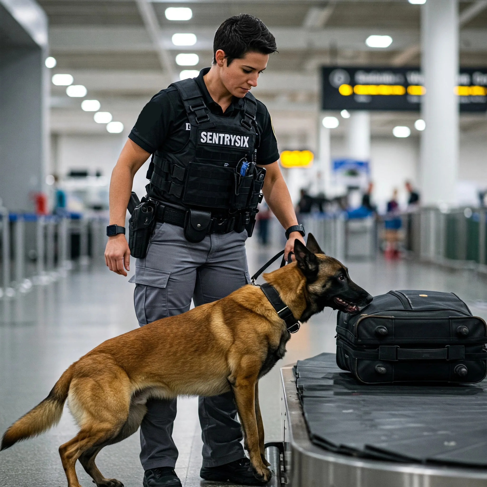 Airport security officer with dog inspecting luggage on carousel.