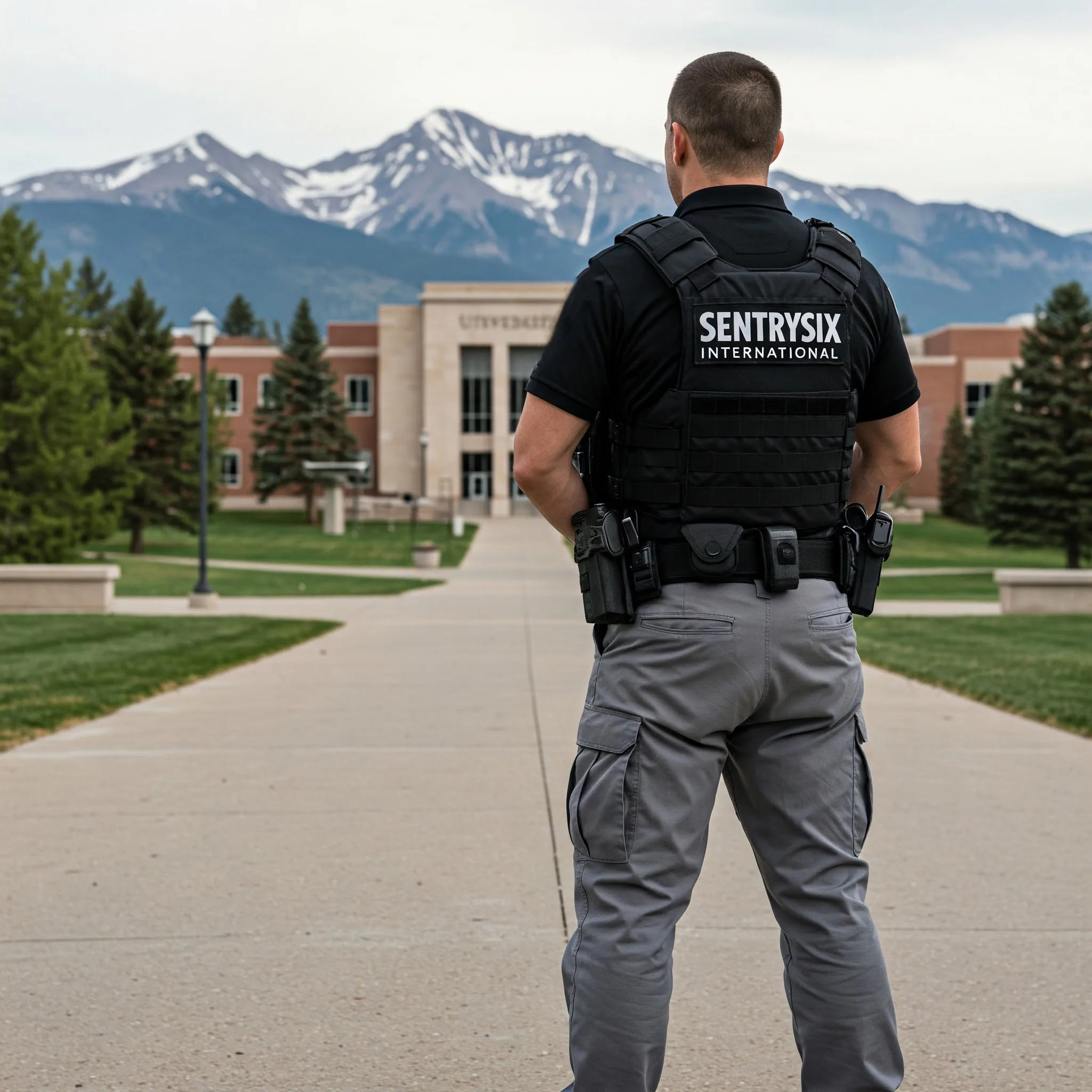 Man in tactical gear standing on sidewalk with building and mountains in background.