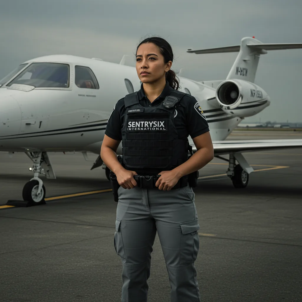 Woman in security gear stands before a white private jet on a runway or tarmac.