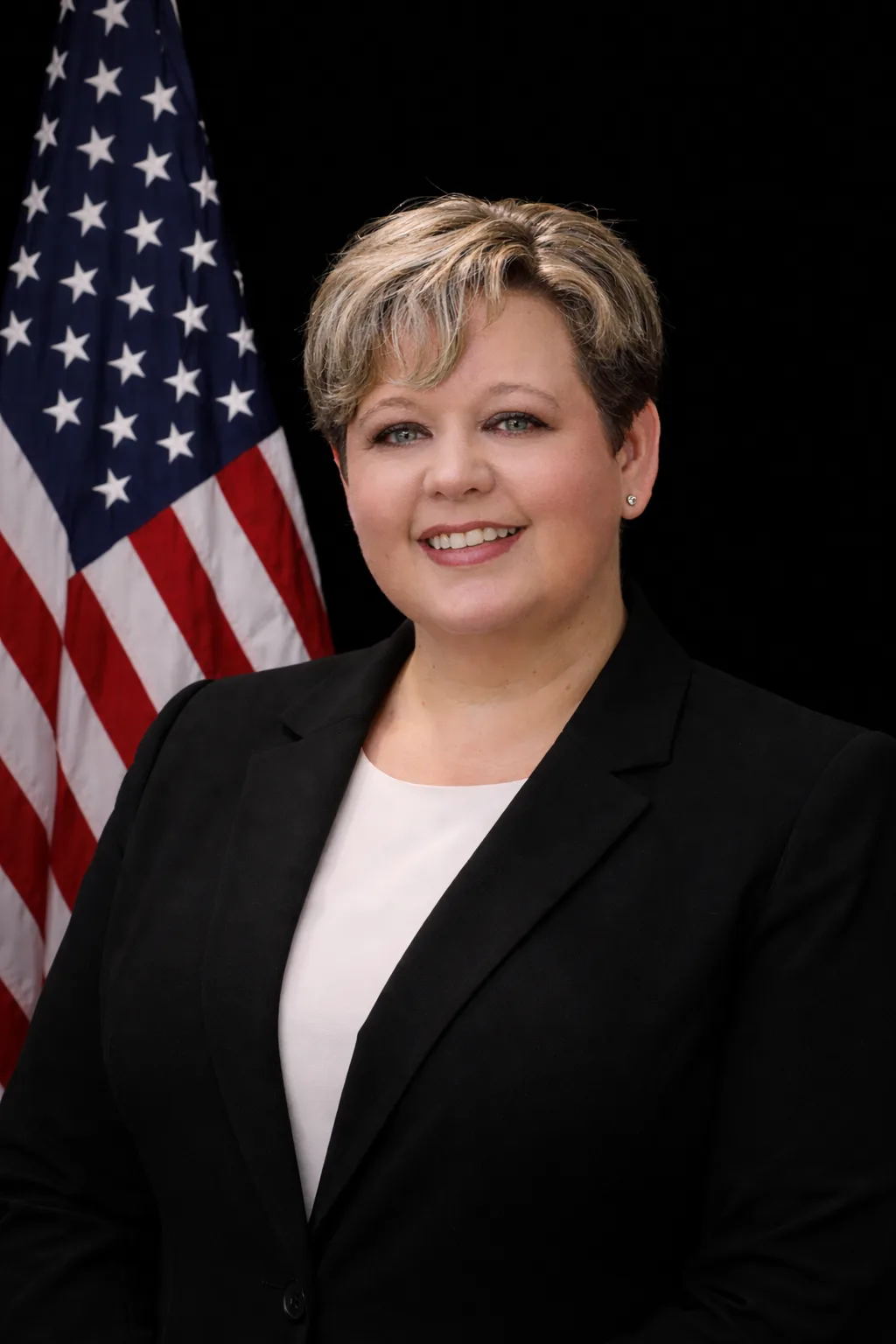 Woman with short blonde hair in a black blazer and white shirt stands before an American flag on a black background.