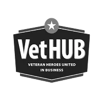 Black and white logo with star, text reading VetHUB, Veteran Heroes United in Business.