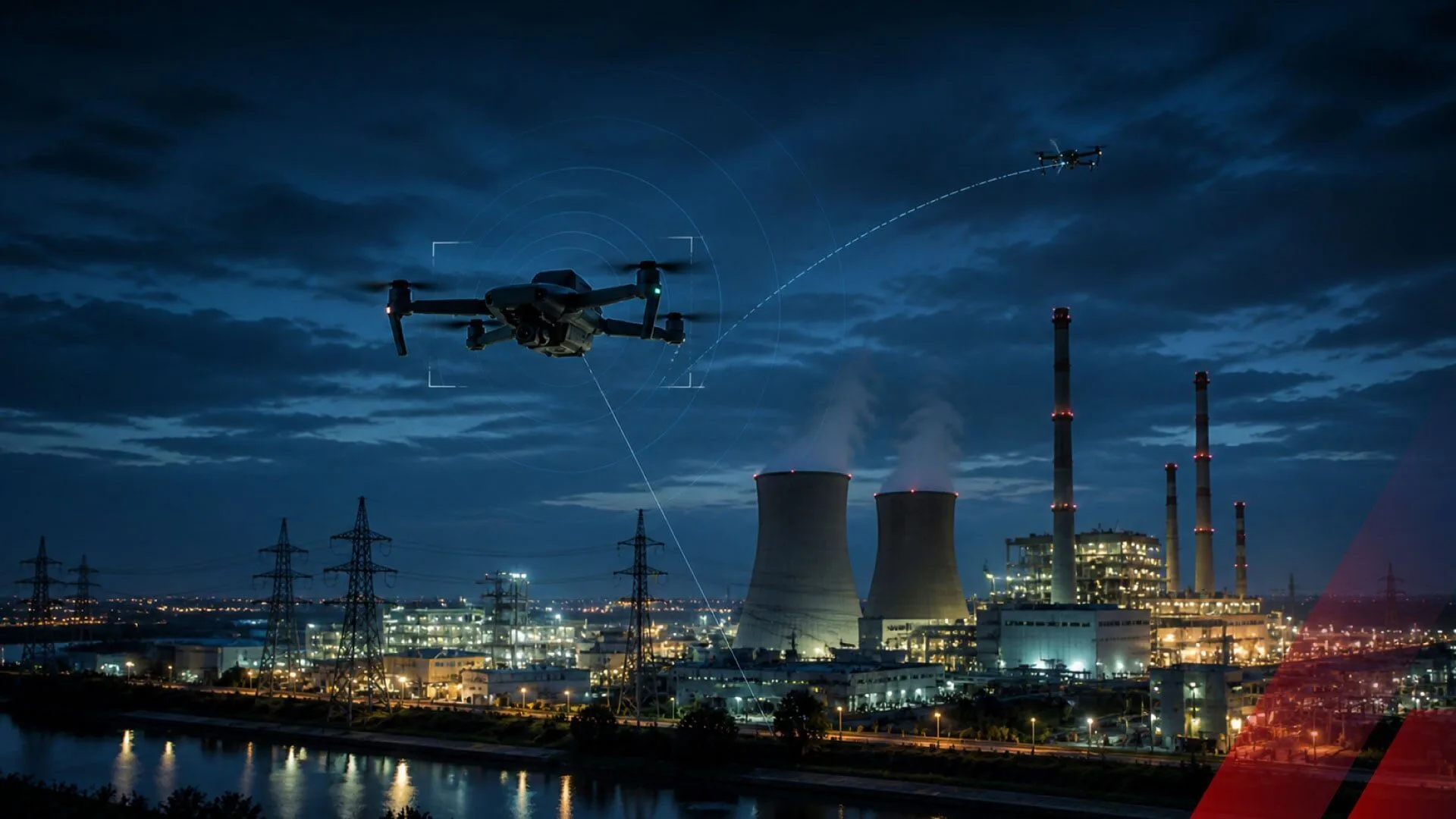 Drones flying over a lit industrial area with cooling towers and power lines at dusk.