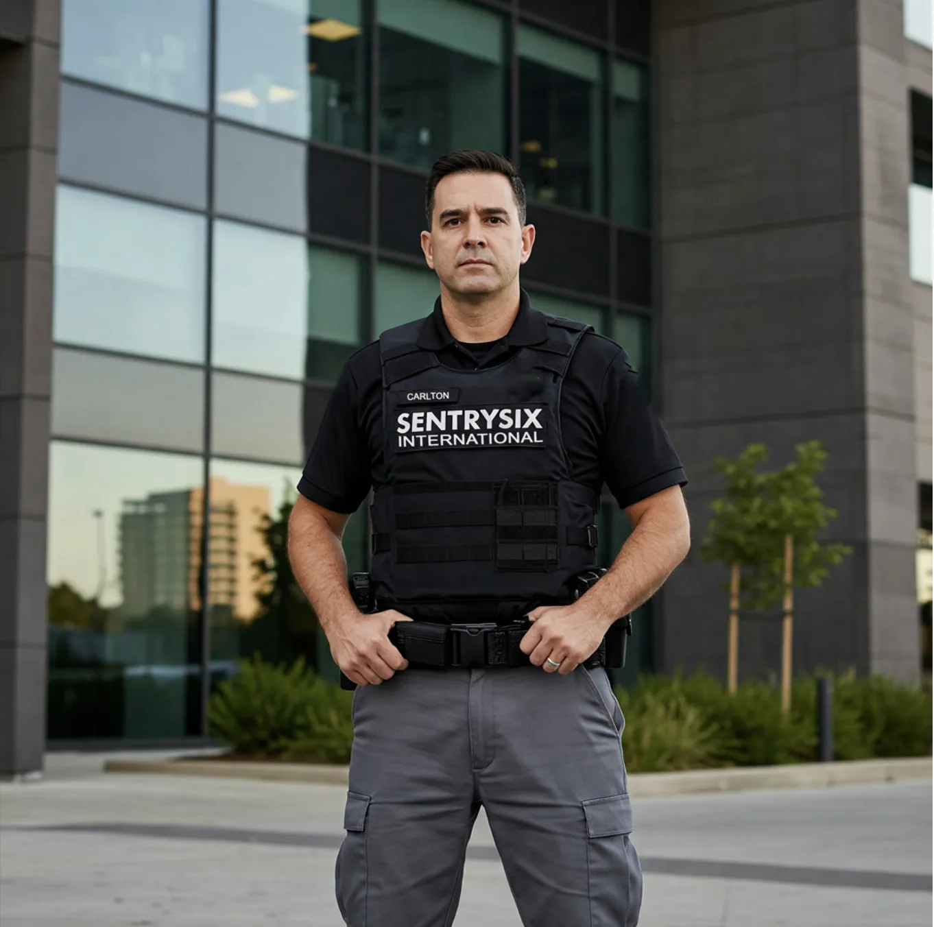 Man in tactical gear standing outside a building.