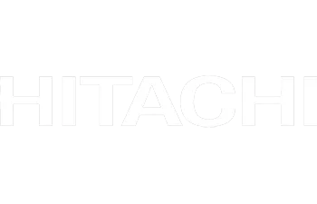 The image shows the word HITACHI in large, light gray letters on a white background.