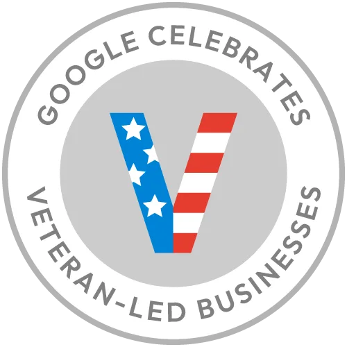 Google Celebrates Veteran-Led Businesses logo with a V made of American flag colors.